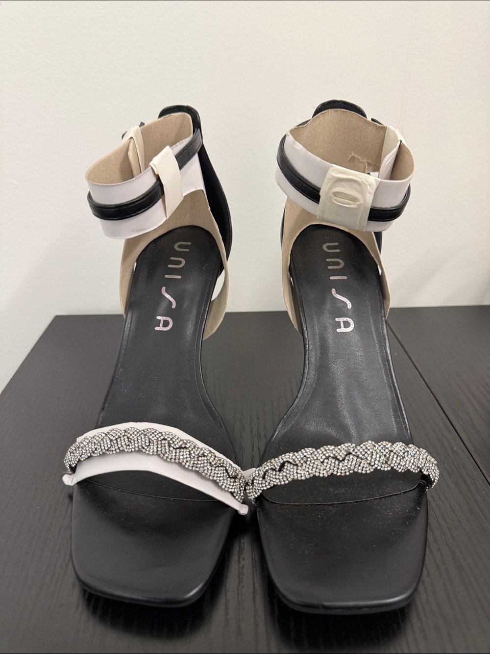 UNISA Black and White Beaded Ankle-Strap Heels